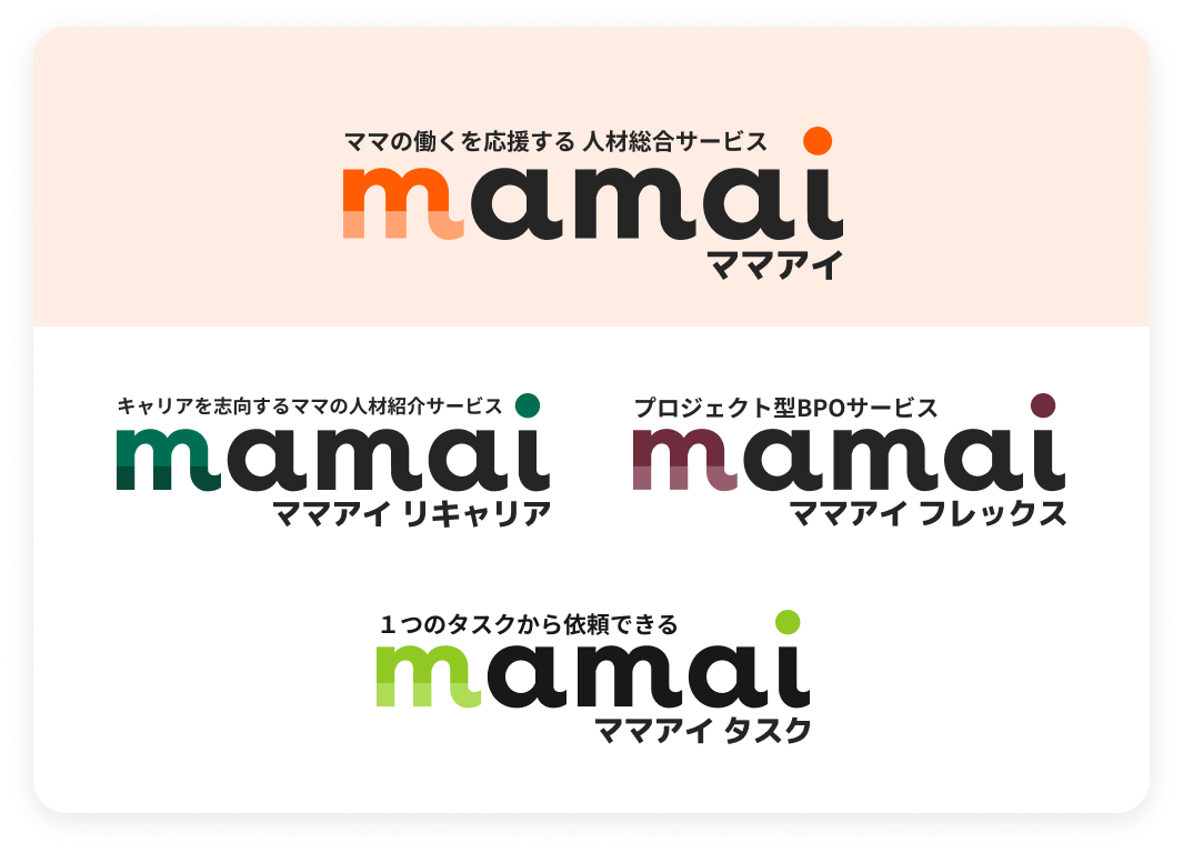 ママの働くを応援する 人材総合サービス mamai ママアイ キャリアを志向するママの人材紹介サービス mamai ママアイ リキャリア プロジェクト型BPOサービス mamai ママアイ フレックス １つのタスクから依頼できる mamai ママアイ タスク